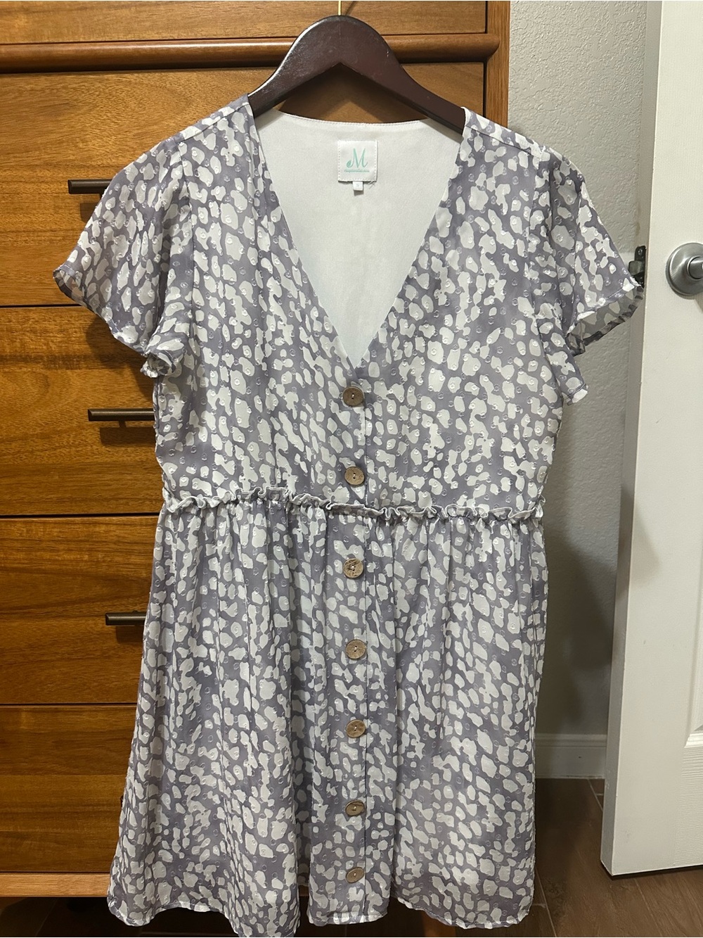 Gray Printed Button-Front Mini Dress with V-Neck